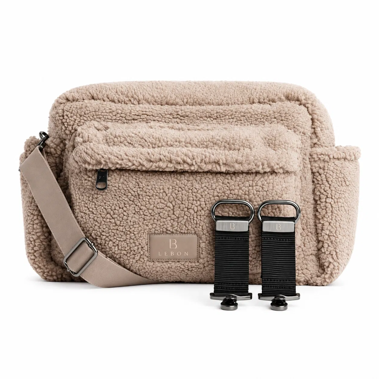 Custom Teddy Fleece Diaper Shoulder Bag with Front Pocket and Stroller Clips