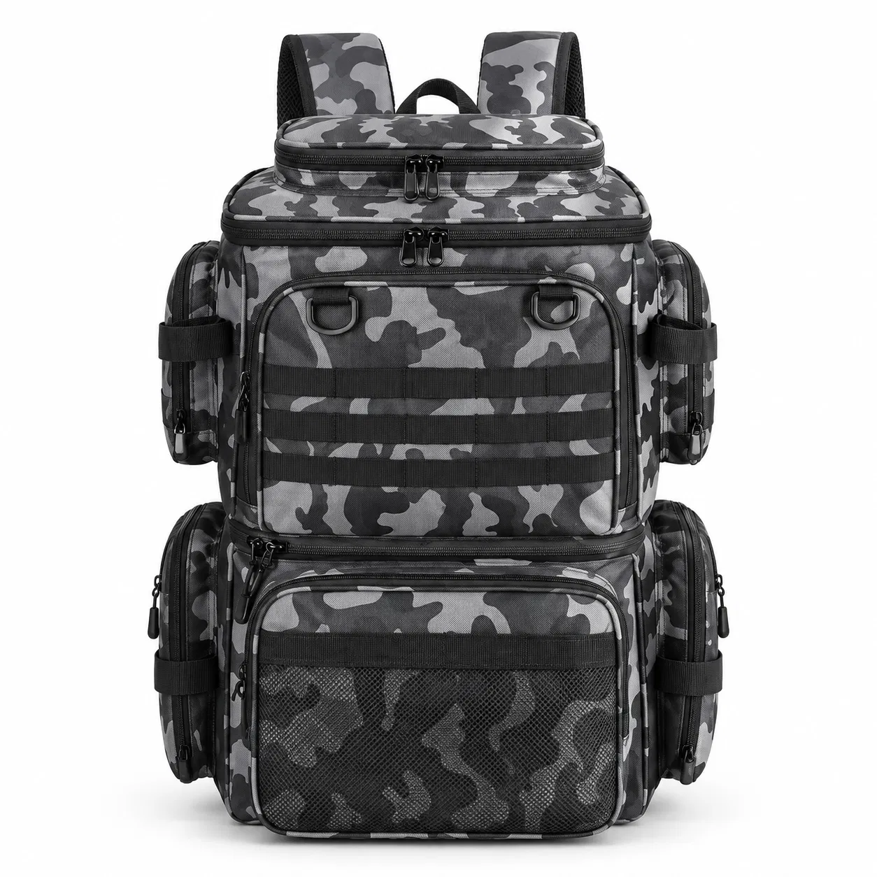 Custom Polyester Fishing Backpack with Multiple Zip Pockets and Exterior Webbing