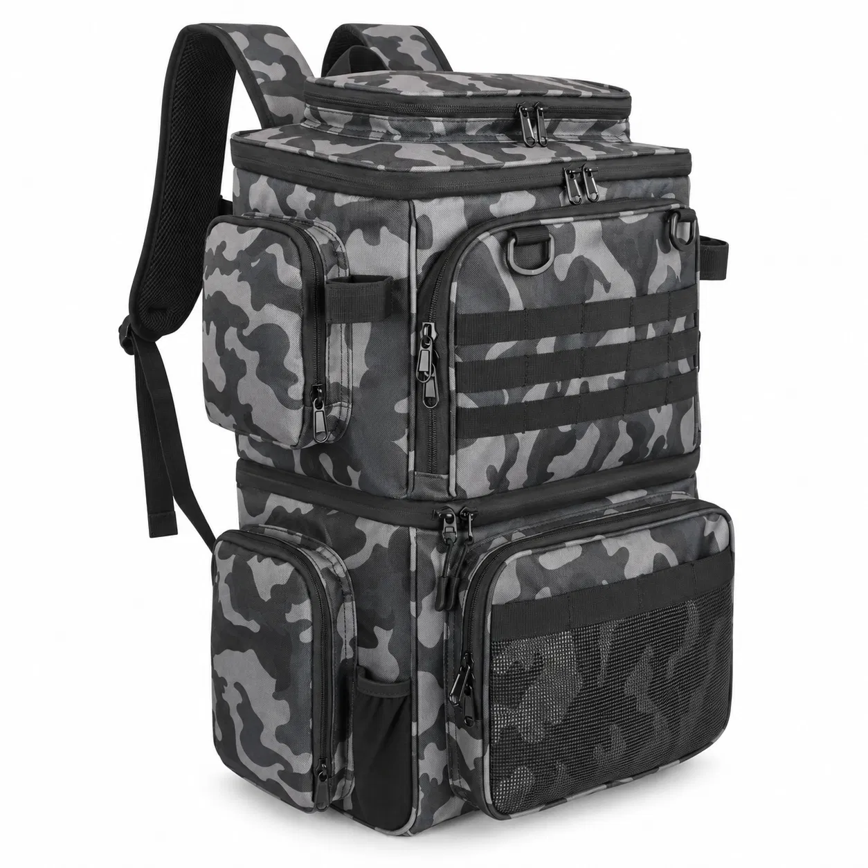 Custom Polyester Fishing Backpack with Multiple Zip Pockets and Exterior Webbing