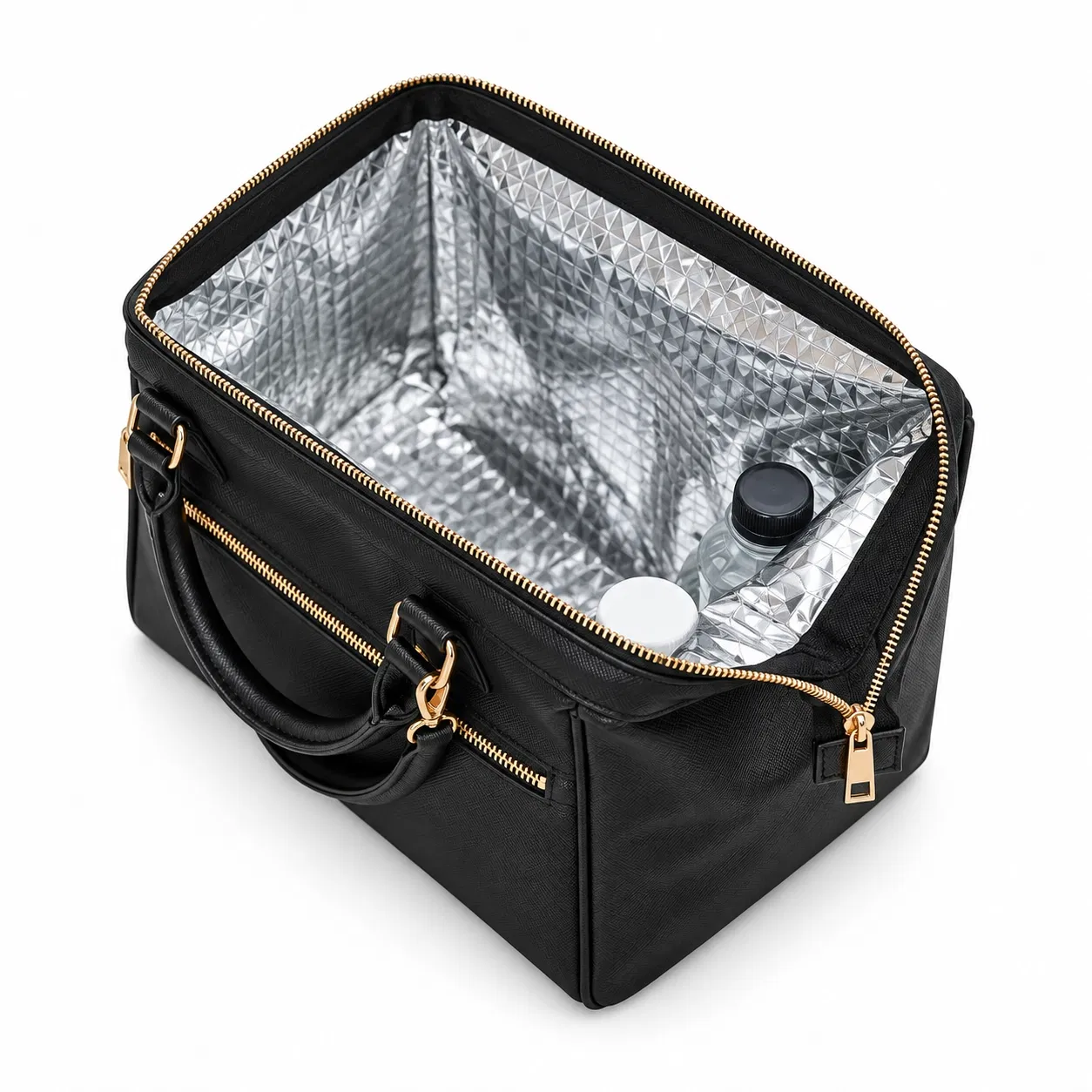 Custom PU Leather Insulated Lunch Bag with Side Pockets and Shoulder Strap