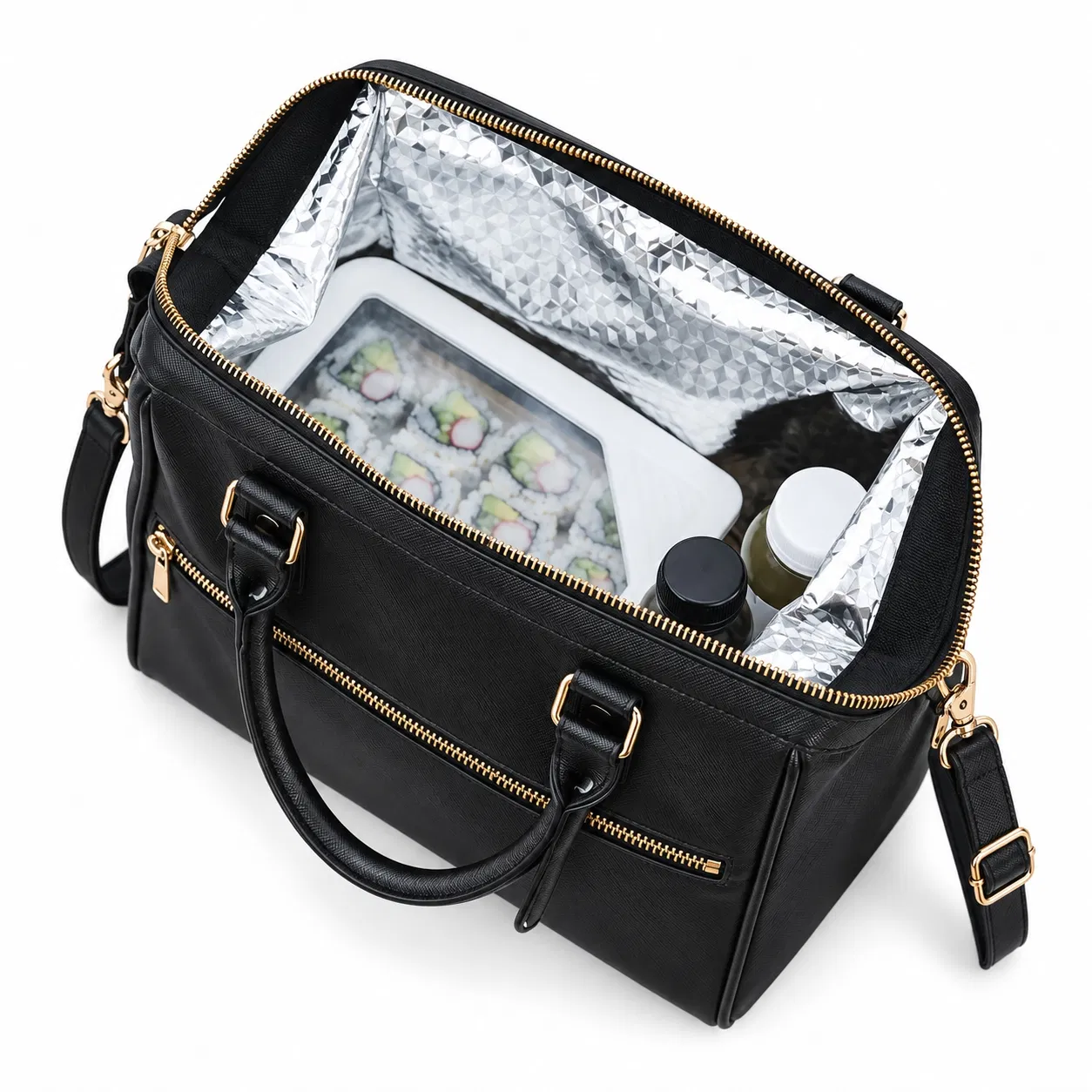 Custom PU Leather Insulated Lunch Bag with Side Pockets and Shoulder Strap