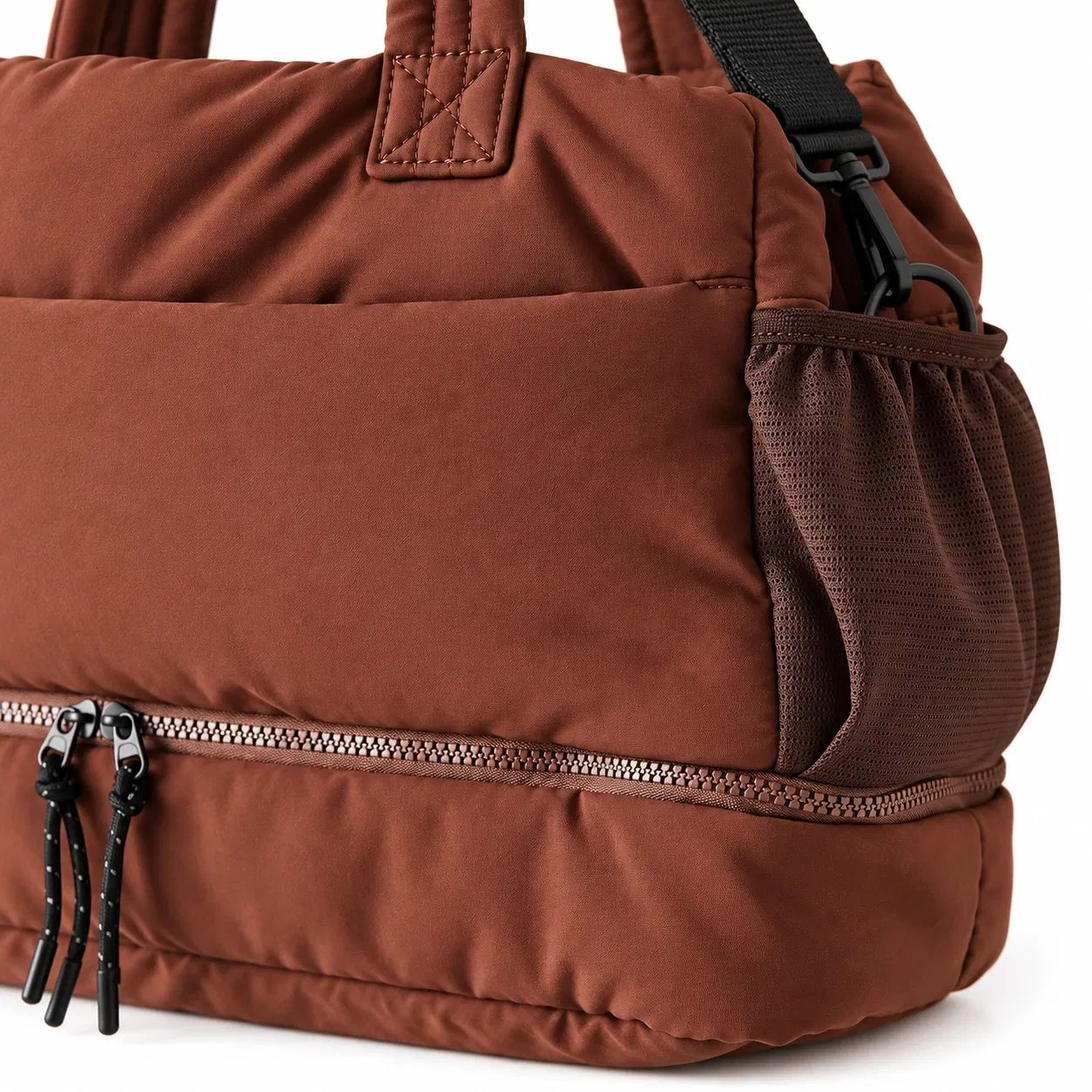 Custom Nylon Quilted Travel Bag with Lower Zipper Compartment and Shoulder Strap