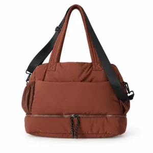Custom Nylon Quilted Travel Bag with Lower Zipper Compartment and Shoulder Strap