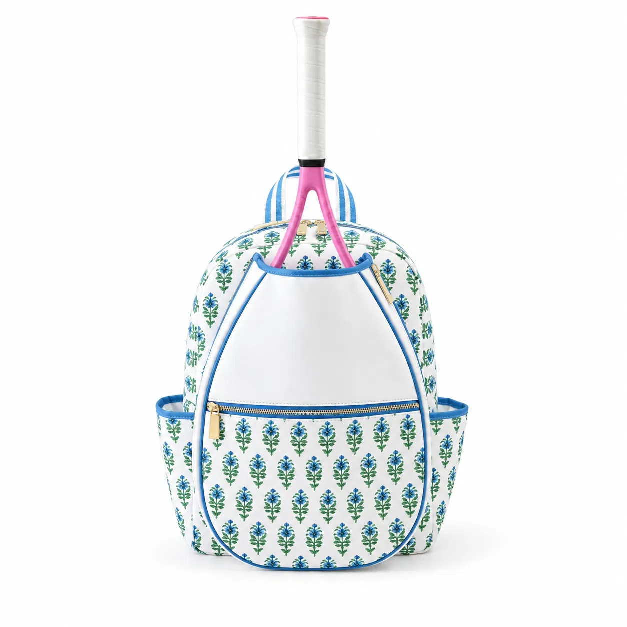 Custom Floral Tennis Racket Backpack with Front Pocket and Bottle Pockets