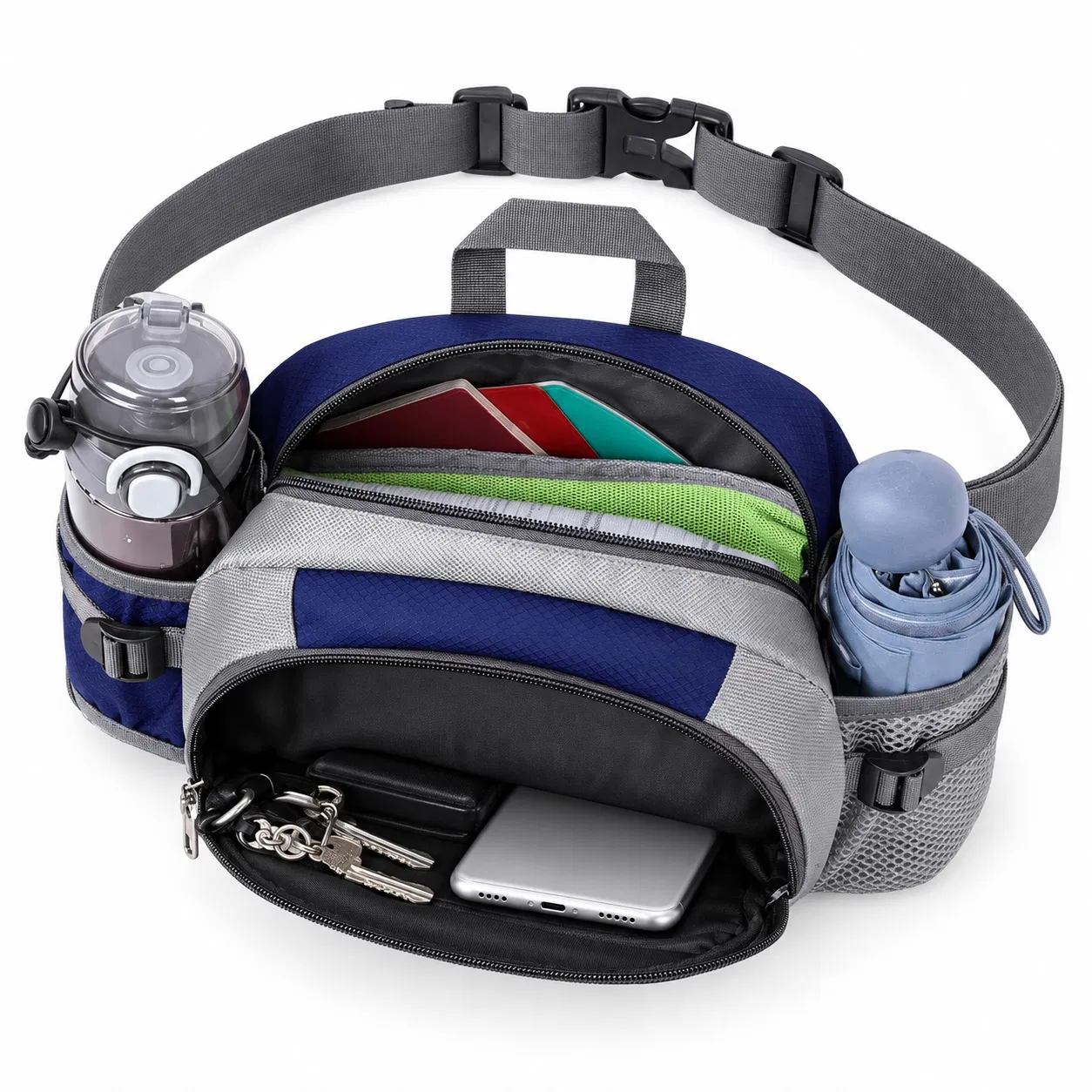 Custom Polyester Waist Bag with Two Bottle Holders and Shoulder Strap