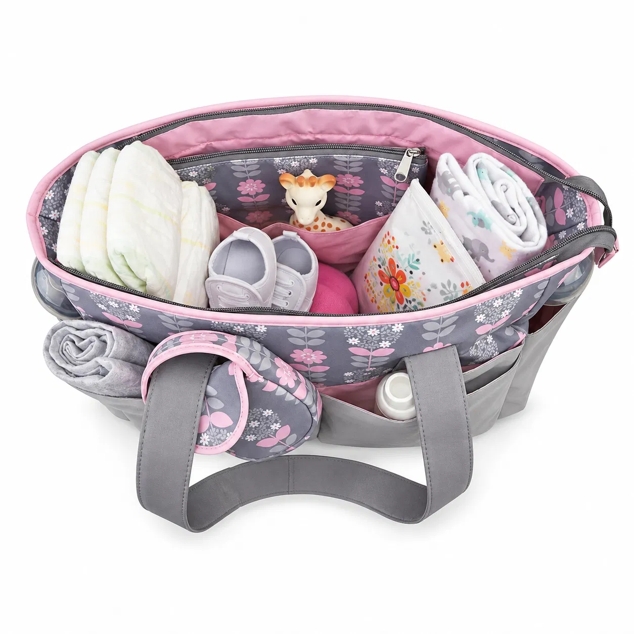 Custom Oxford Diaper Tote Bag with Exterior Pockets and Long Handles