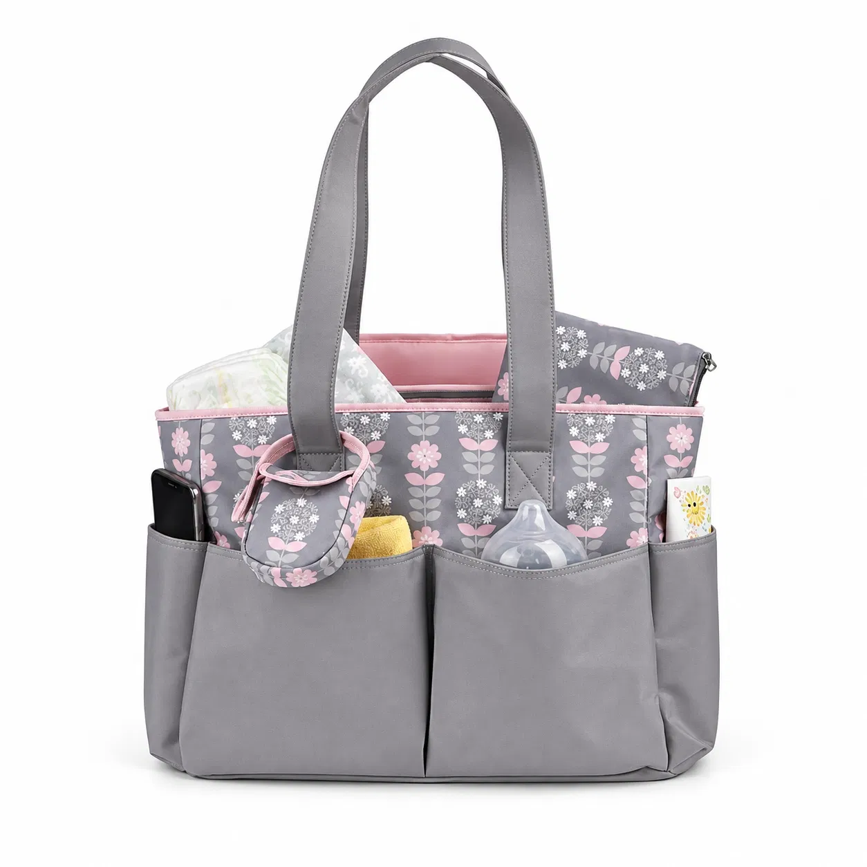 Custom Oxford Diaper Tote Bag with Exterior Pockets and Long Handles