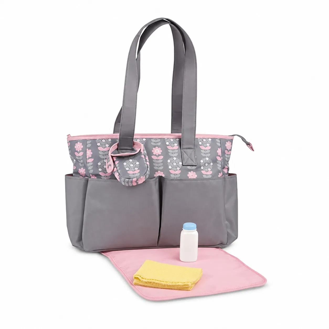 Custom Oxford Diaper Tote Bag with Exterior Pockets and Long Handles