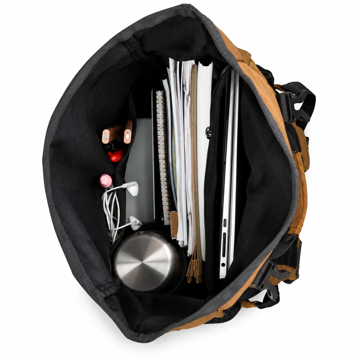 Custom Roll Top Laptop Backpack with Double Buckles and Side Mesh Pockets