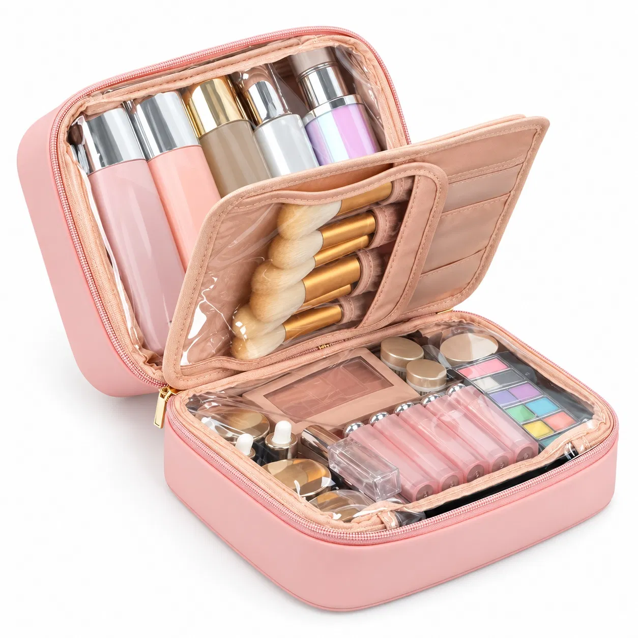 Custom Pink Fold Open Cosmetic Bag with Brush Panel and Clear Compartments
