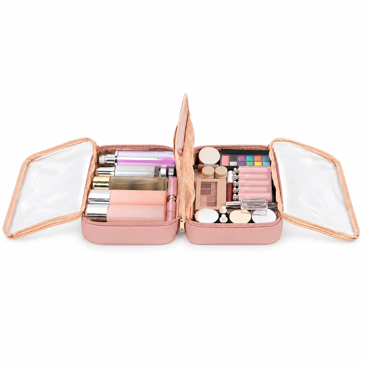 Custom Pink Fold Open Cosmetic Bag with Brush Panel and Clear Compartments