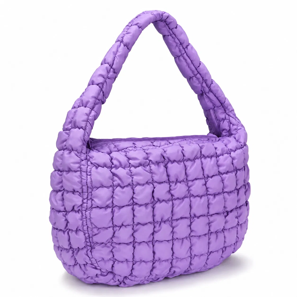 Custom Purple Puffer Shoulder Bag with Gathered Grid Quilting and Padded Strap