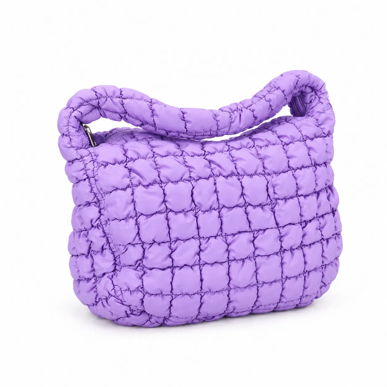 Custom Purple Puffer Shoulder Bag with Gathered Grid Quilting and Padded Strap