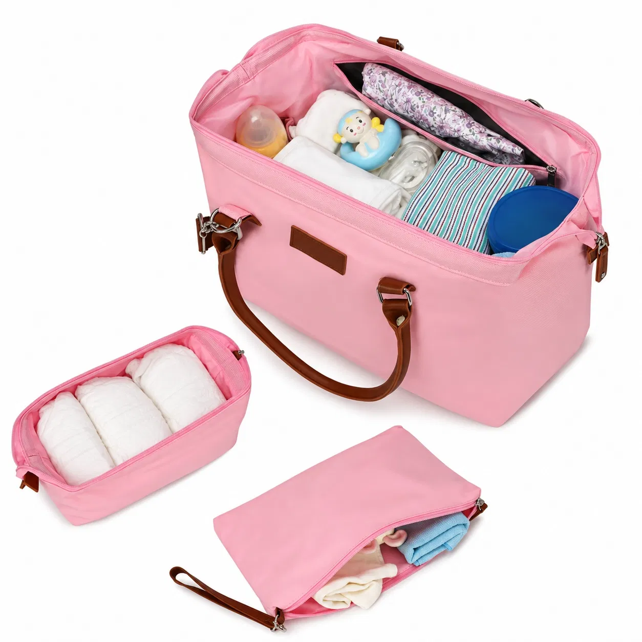 Custom Pink Diaper Tote Bag with Brown Handles and Matching Pouch Options
