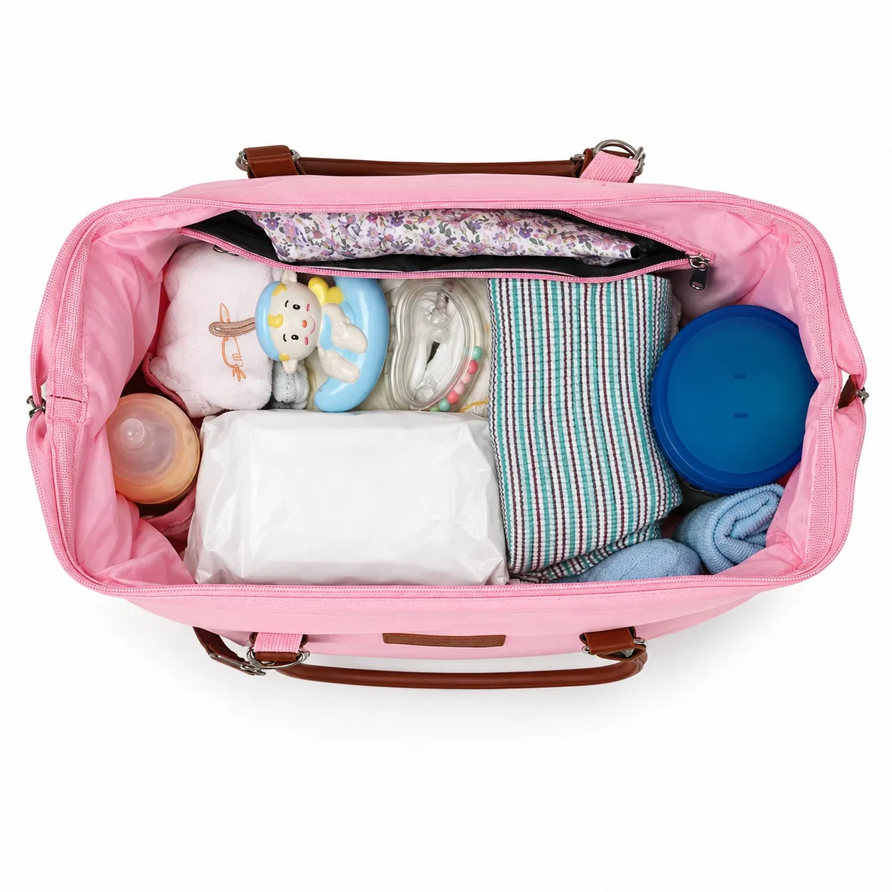 Custom Pink Diaper Tote Bag with Brown Handles and Matching Pouch Options