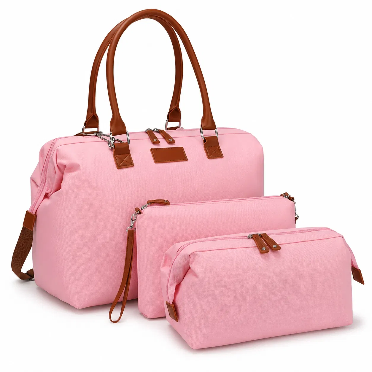 Custom Pink Diaper Tote Bag with Brown Handles and Matching Pouch Options