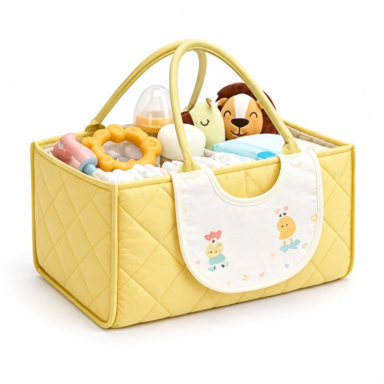 Custom Yellow Quilted Diaper Caddy Bag with Handles for Nursery Storage