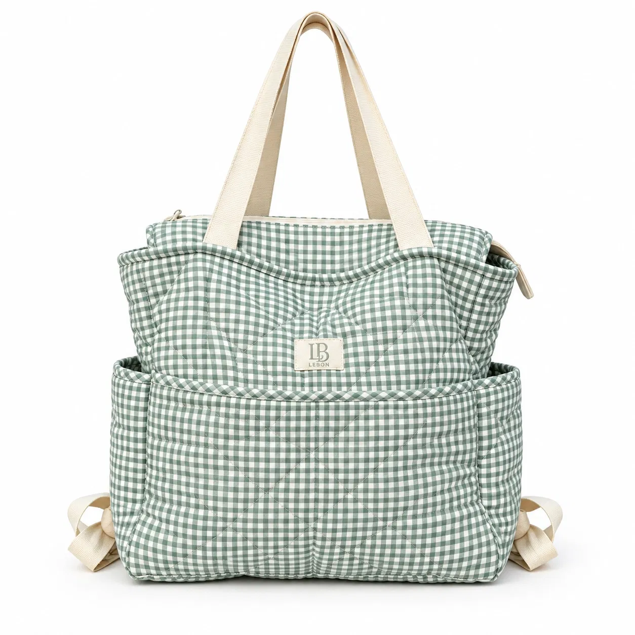 Green Quilted Diaper Backpack Tote with Side Pockets for Baby Essentials