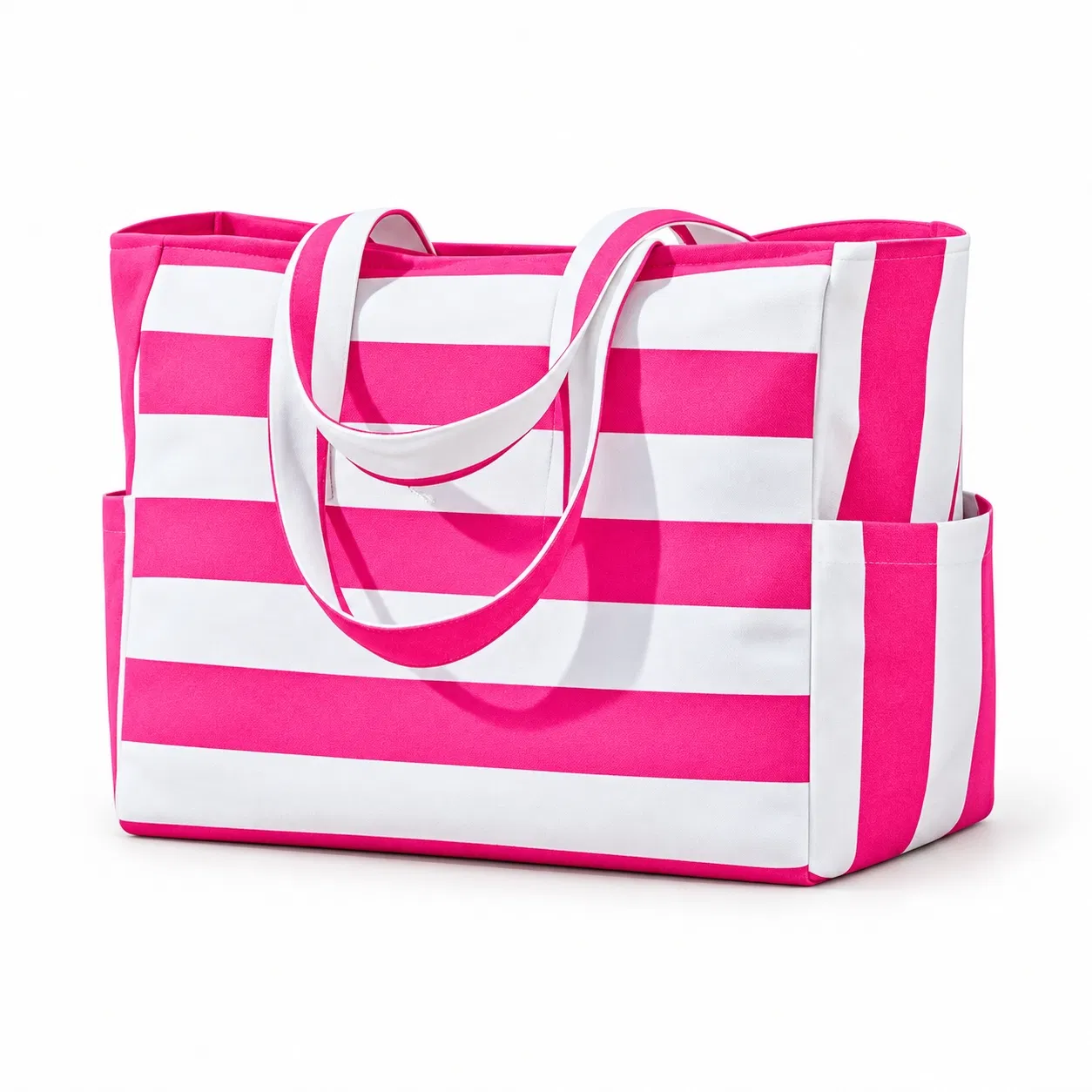 Custom Striped Canvas Tote Bag with Shoulder Handles and Side Pockets