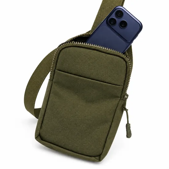Olive Green Nylon Crossbody Sling Bag with Front Zipper Pocket and Adjustable Strap