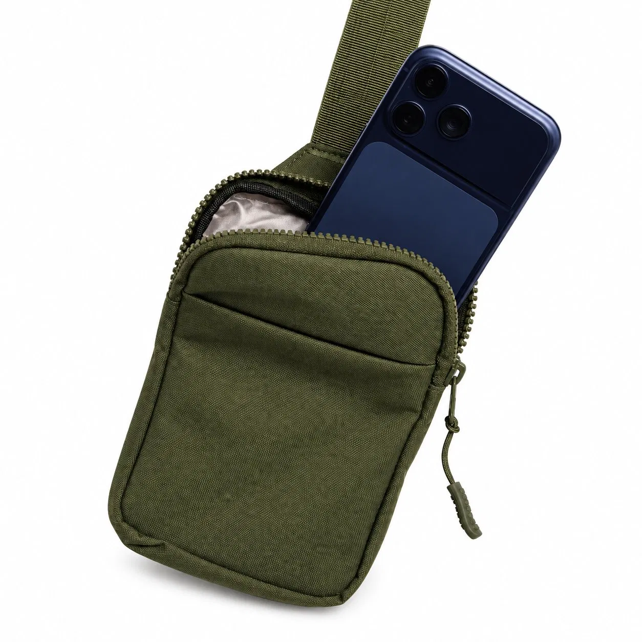 Olive Green Nylon Crossbody Sling Bag with Front Zipper Pocket and Adjustable Strap