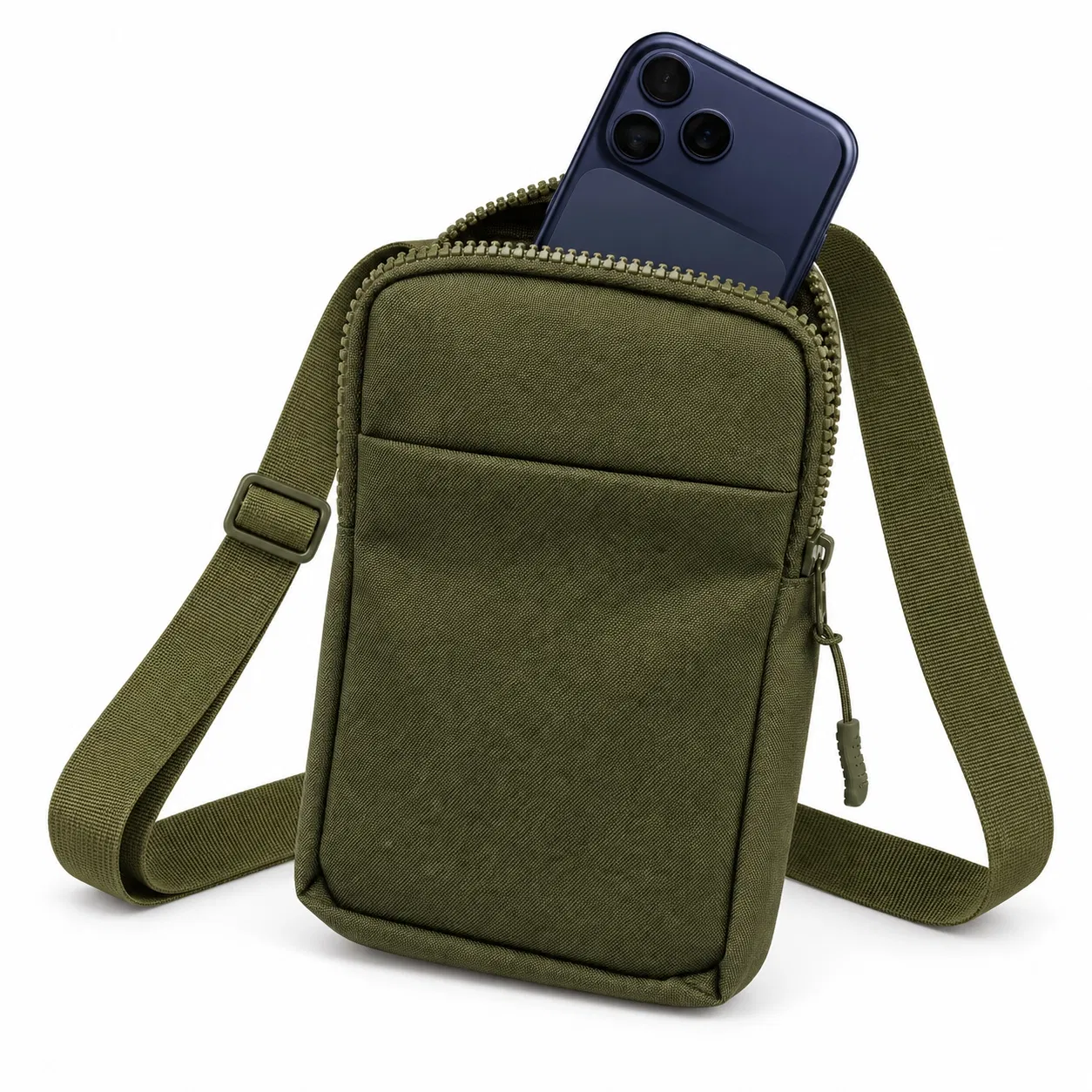 Olive Green Nylon Crossbody Sling Bag with Front Zipper Pocket and Adjustable Strap