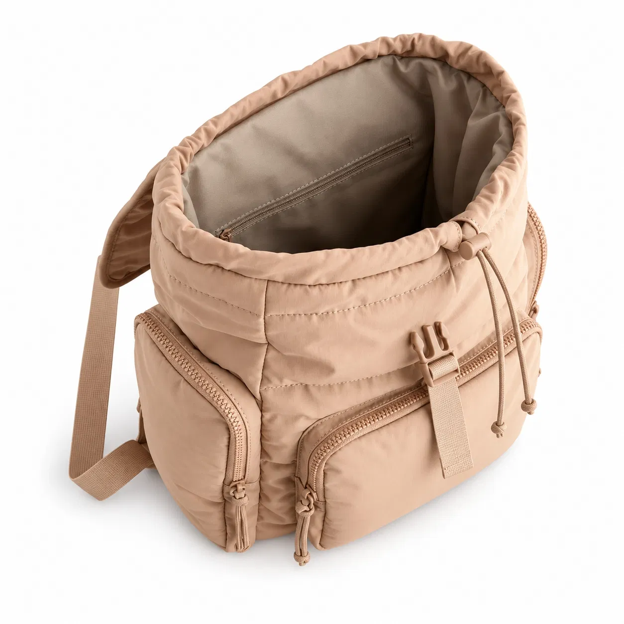 Custom Padded Drawstring Backpack with Flap Buckle and Front Zipper Pocket