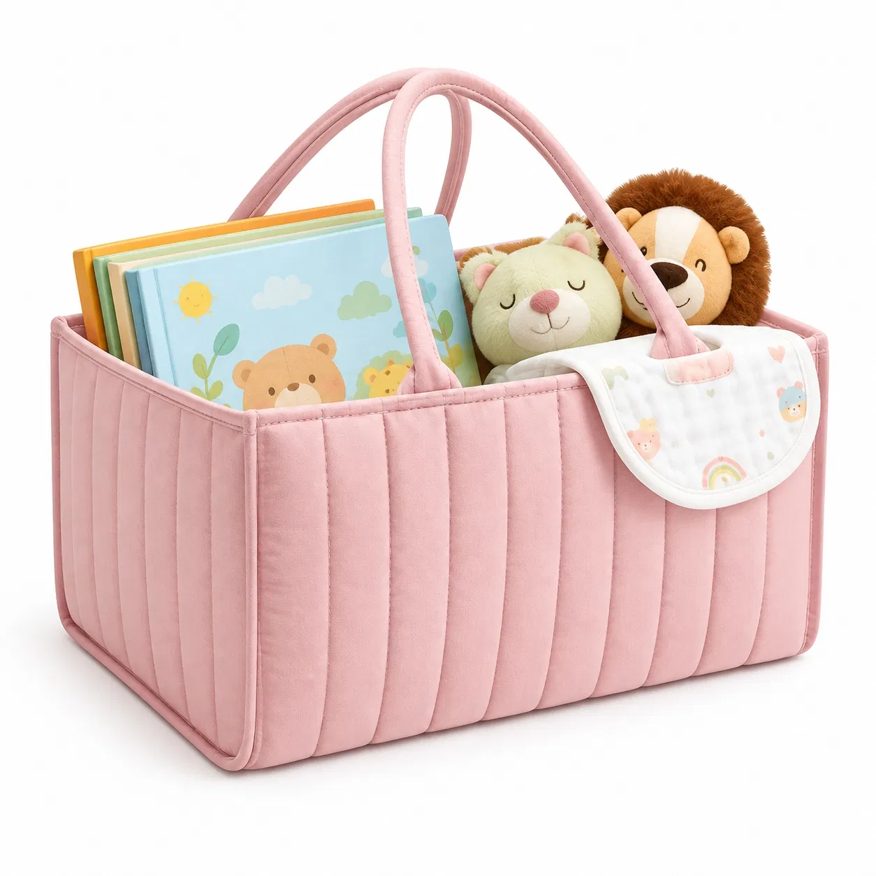 Custom Pink Diamond Quilted Diaper Caddy Bag with Handles for Nursery Storage