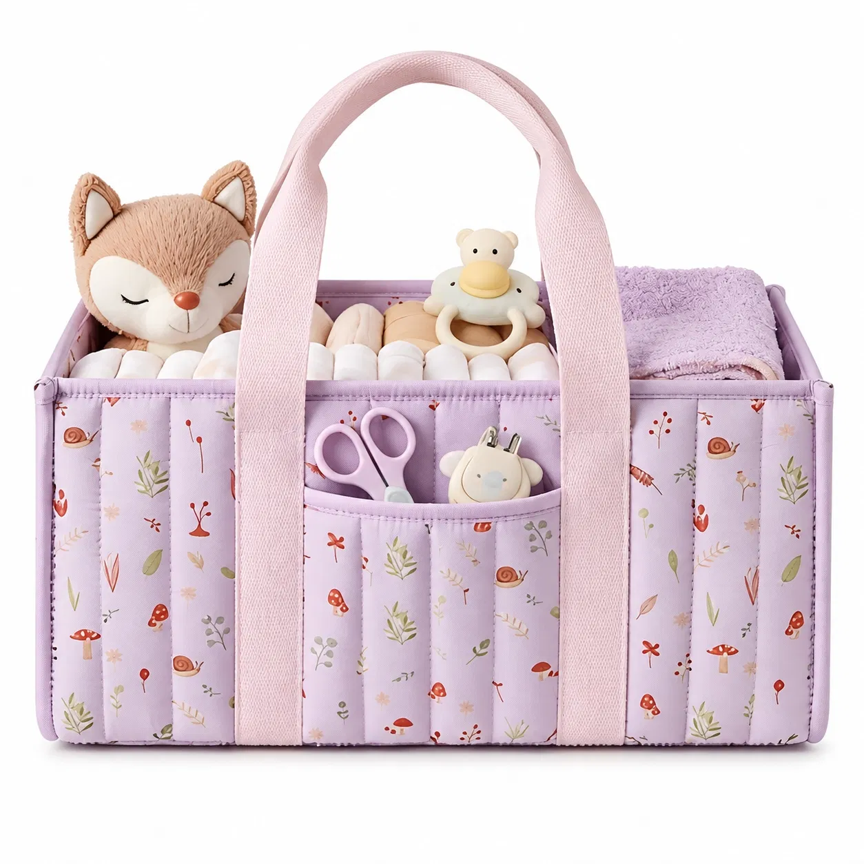 Custom Pink Diamond Quilted Diaper Caddy Bag with Handles for Nursery Storage