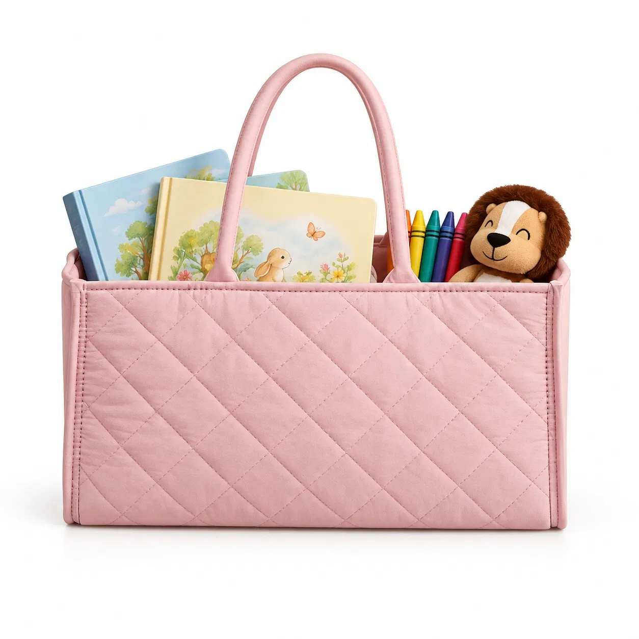 Custom Pink Diamond Quilted Diaper Caddy Bag with Handles for Nursery Storage
