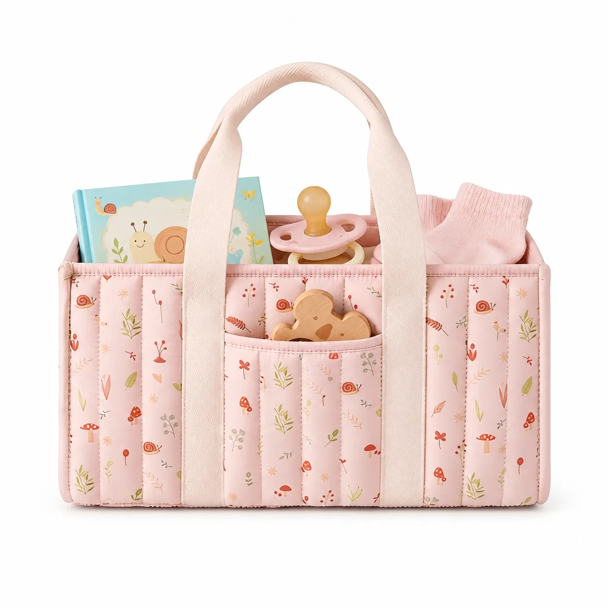 Custom Pink Quilted Nursery Caddy Bag with Cream Handles and Front Pocket