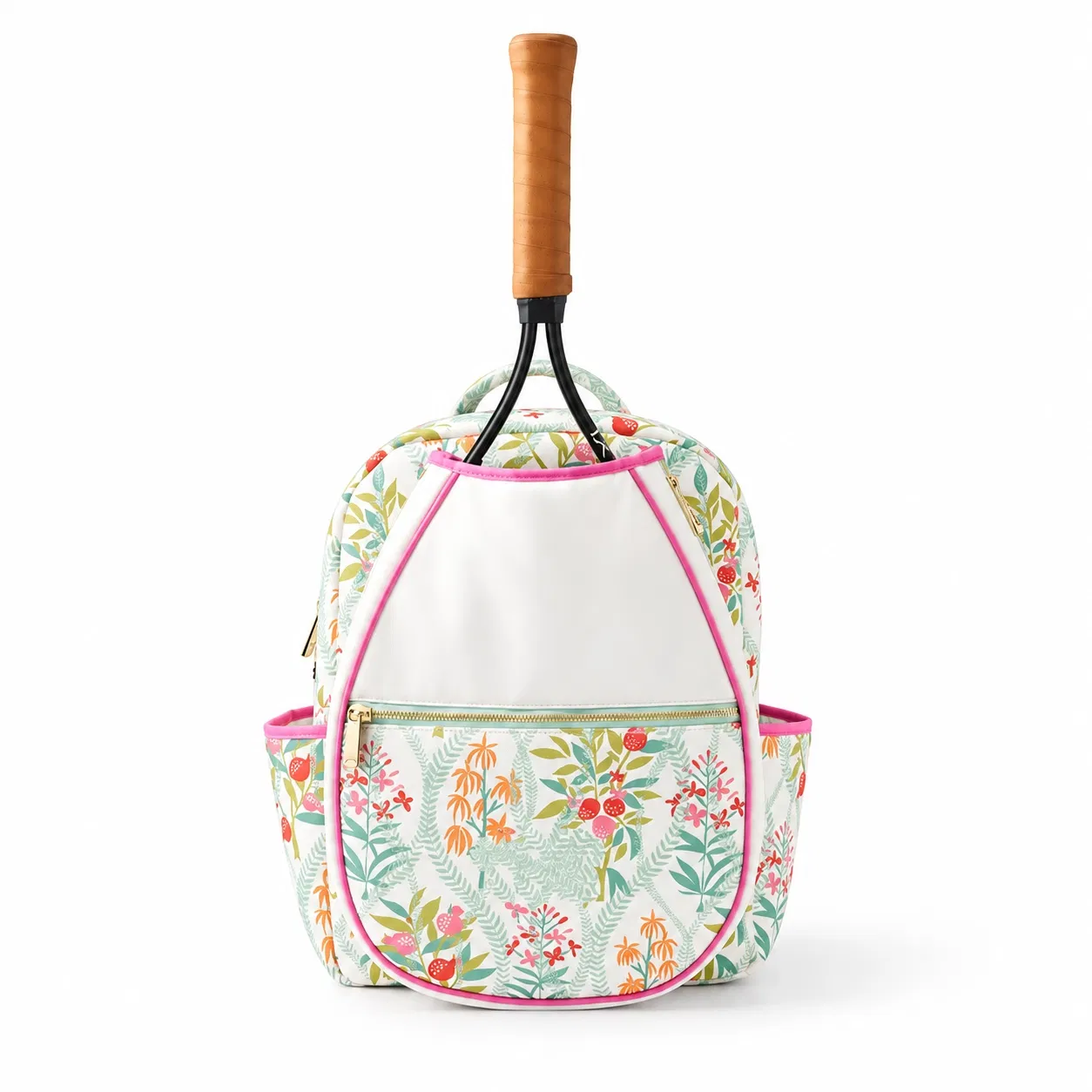 Custom Floral Tennis Racket Backpack with Front Pocket and Bottle Pockets