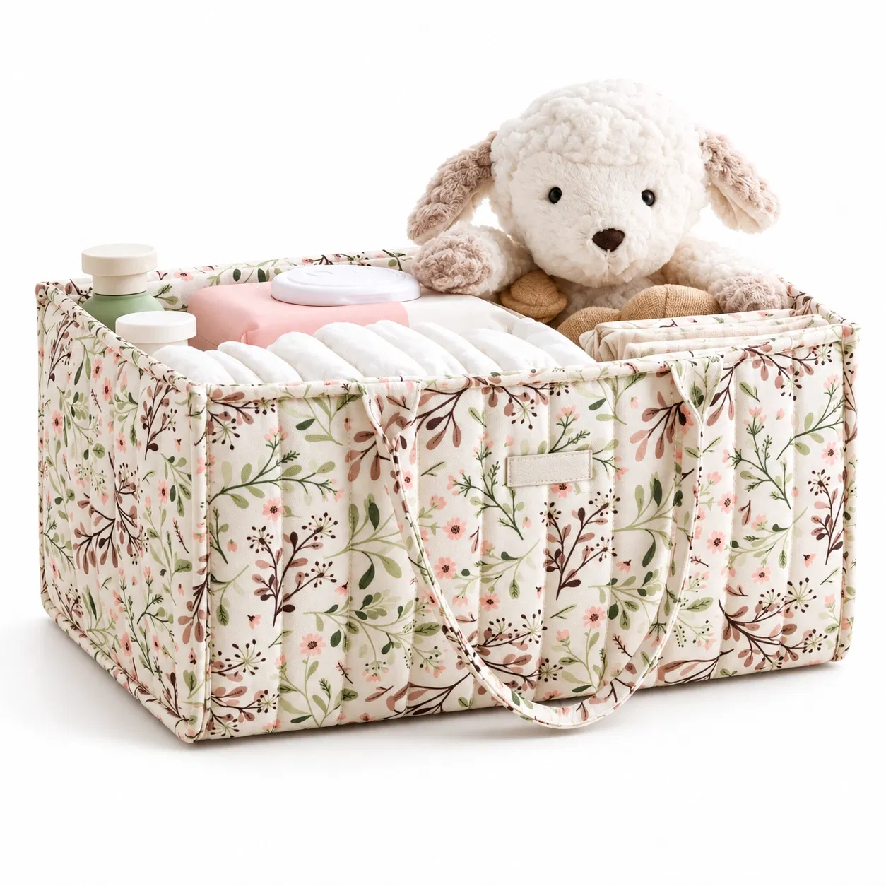 Custom Pink Quilted Nursery Caddy Bag with Cream Handles and Front Pocket