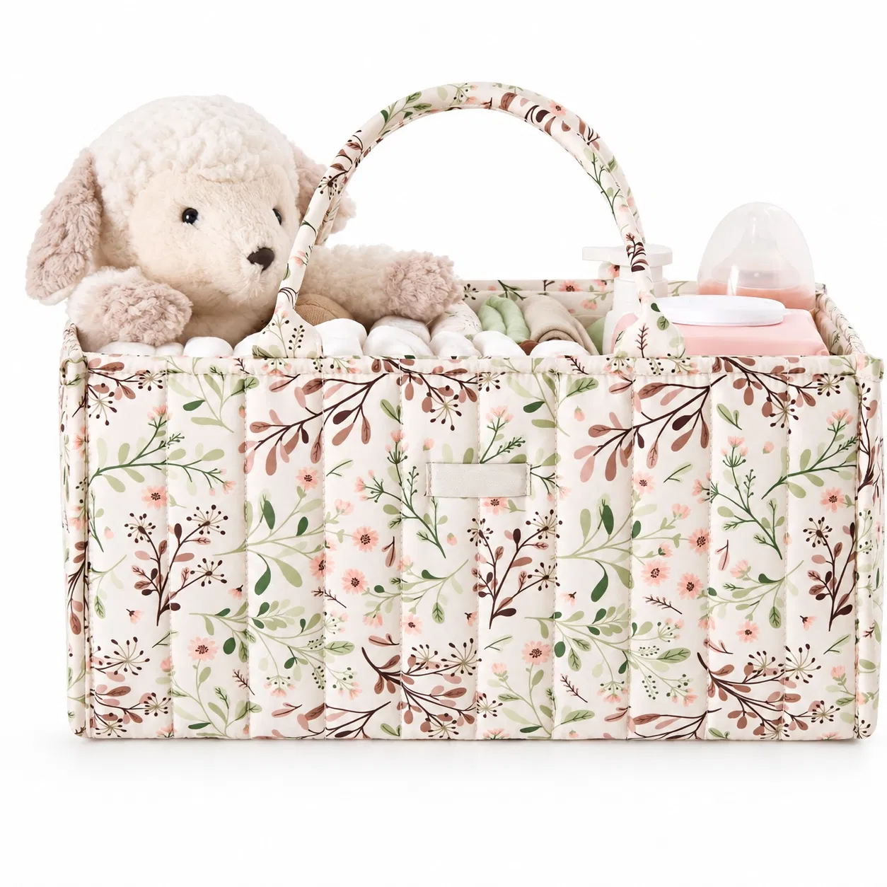 Custom Pink Quilted Nursery Caddy Bag with Cream Handles and Front Pocket