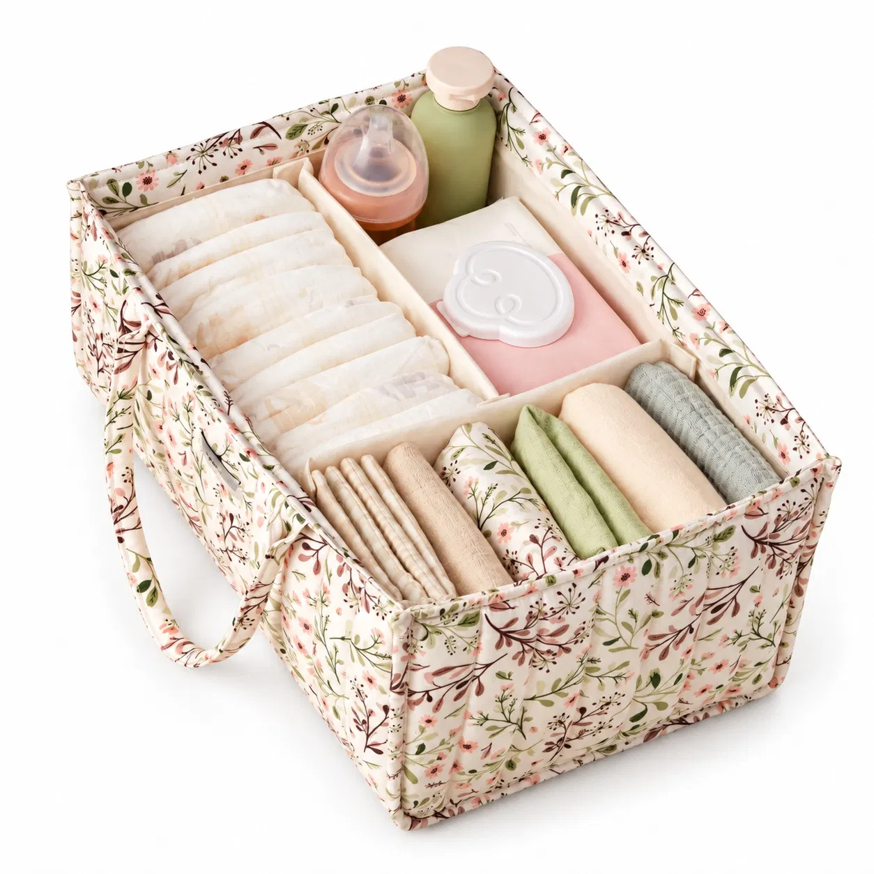 Custom Pink Quilted Nursery Caddy Bag with Cream Handles and Front Pocket
