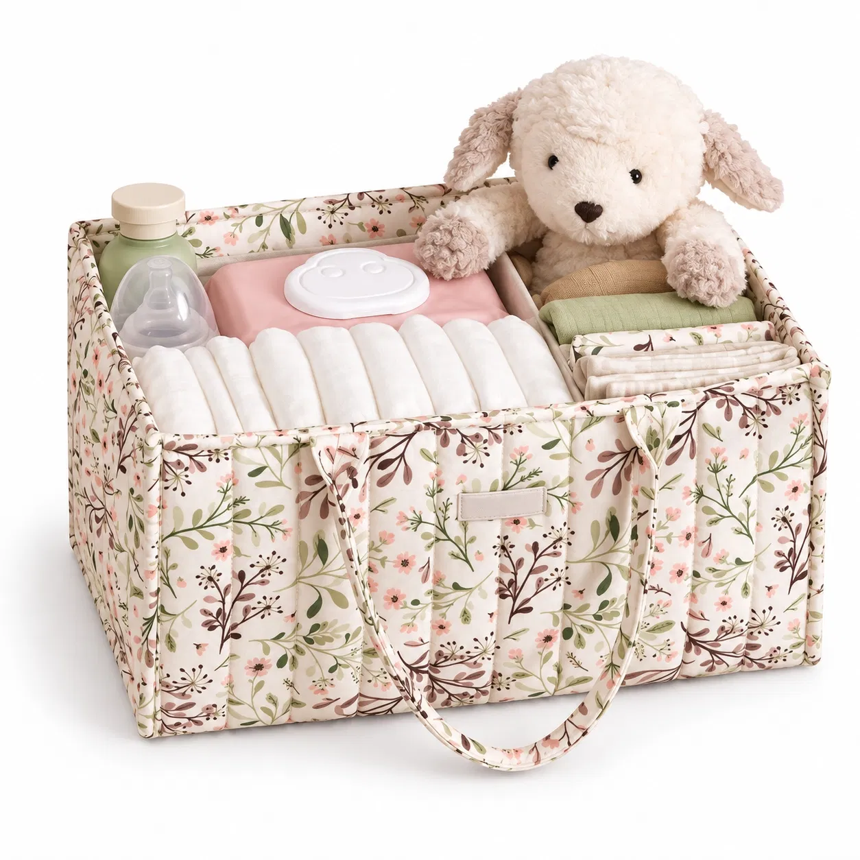 Custom Pink Quilted Nursery Caddy Bag with Cream Handles and Front Pocket