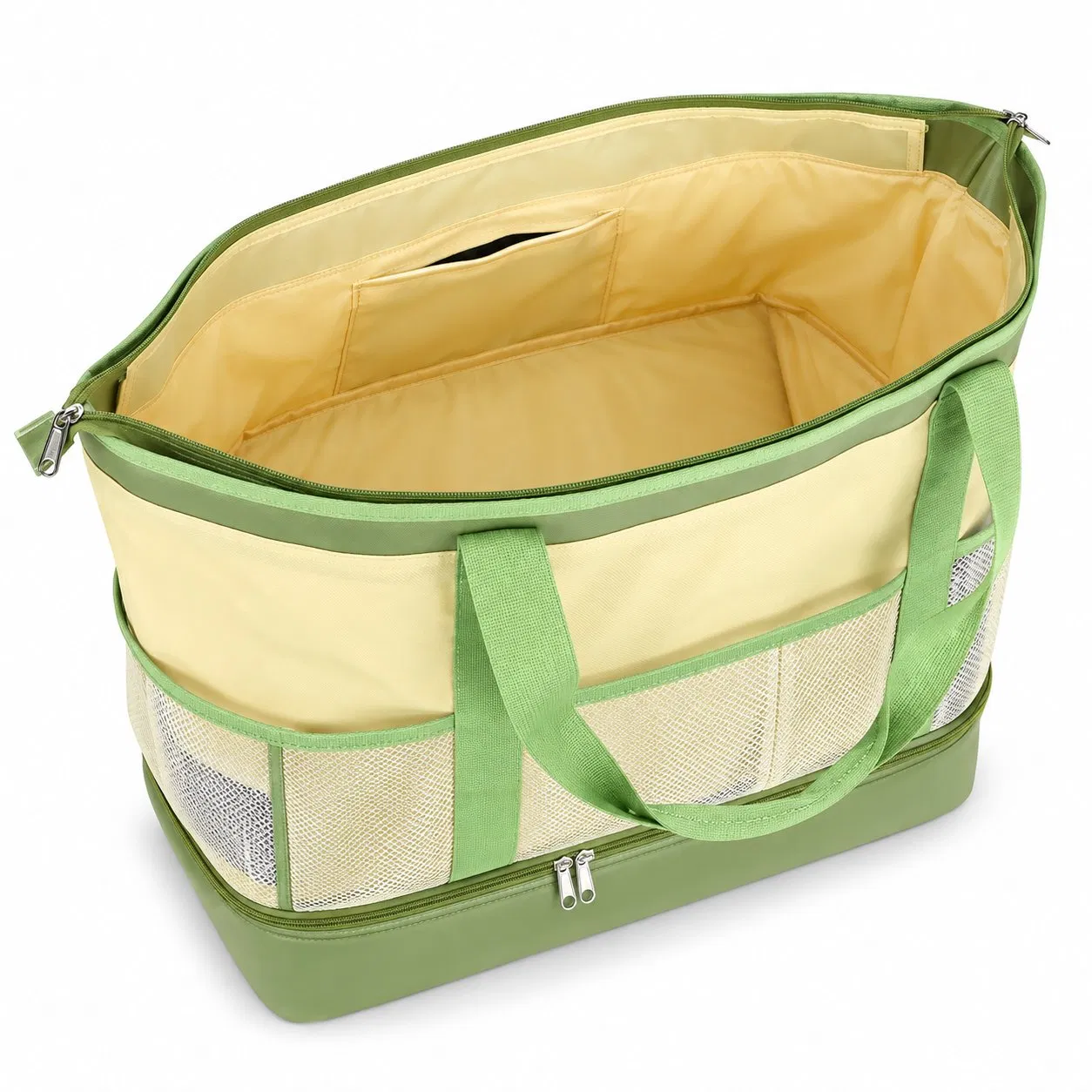 Cream and Green Polyester Mesh Beach Tote Bag with Zipper