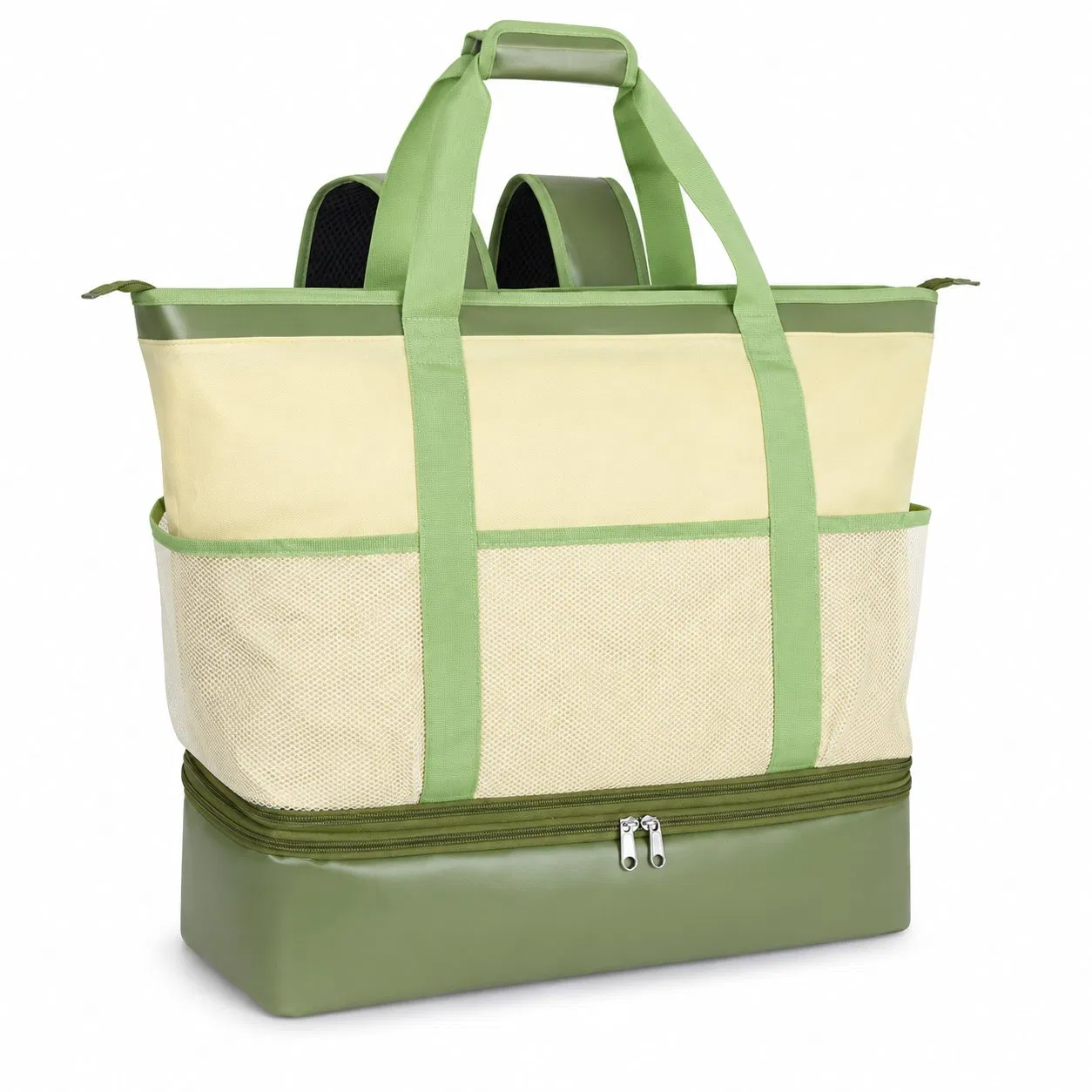 Cream and Green Polyester Mesh Beach Tote Bag with Zipper