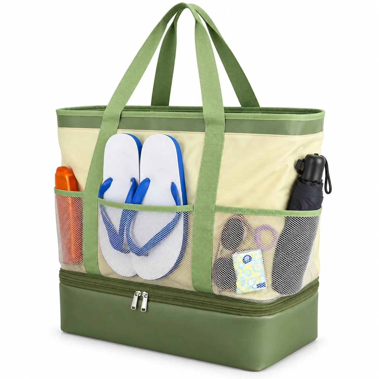 Cream and Green Polyester Mesh Beach Tote Bag with Zipper
