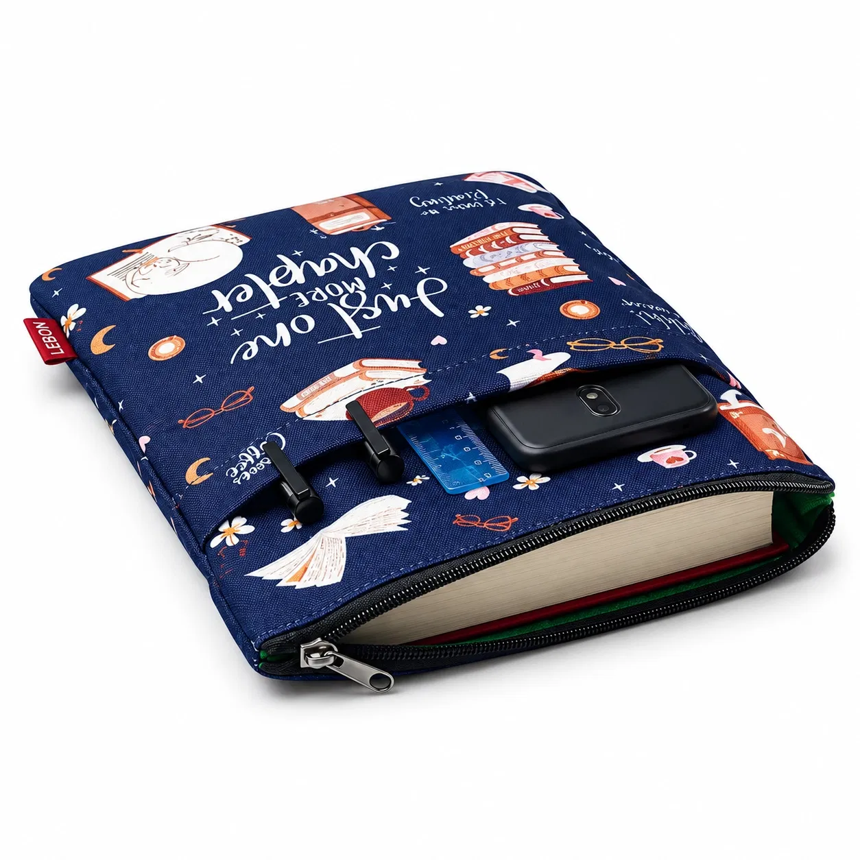 Lebon Printed Polyester Zipper Book Sleeve with Front Pocket for Reading