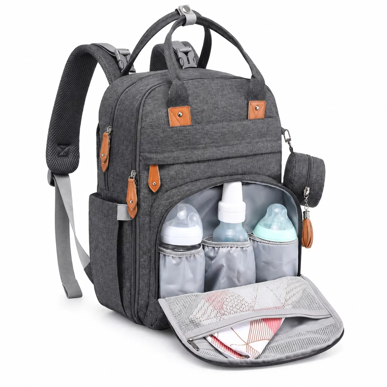 Polyester Diaper Backpack with Quilted Front Pocket and Bottle Organizer