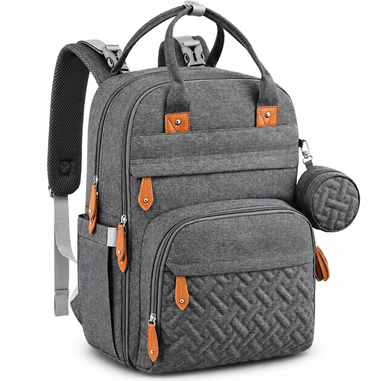 Polyester Diaper Backpack with Quilted Front Pocket and Bottle Organizer