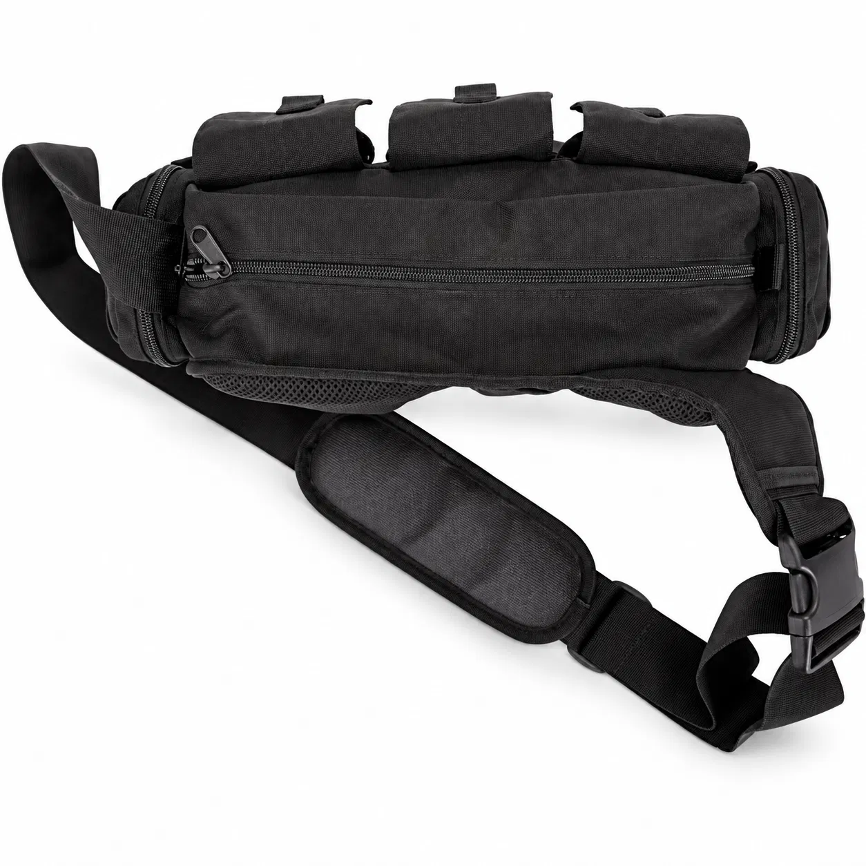 Lebon Black Utility Waist Bag with Flap Pockets and Padded Strap