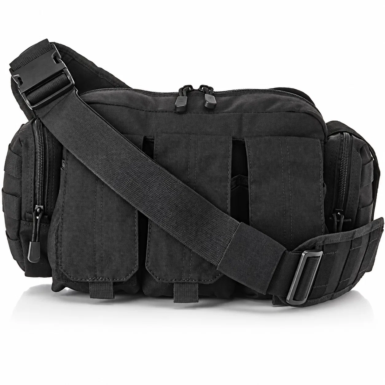 Lebon Black Utility Waist Bag with Flap Pockets and Padded Strap