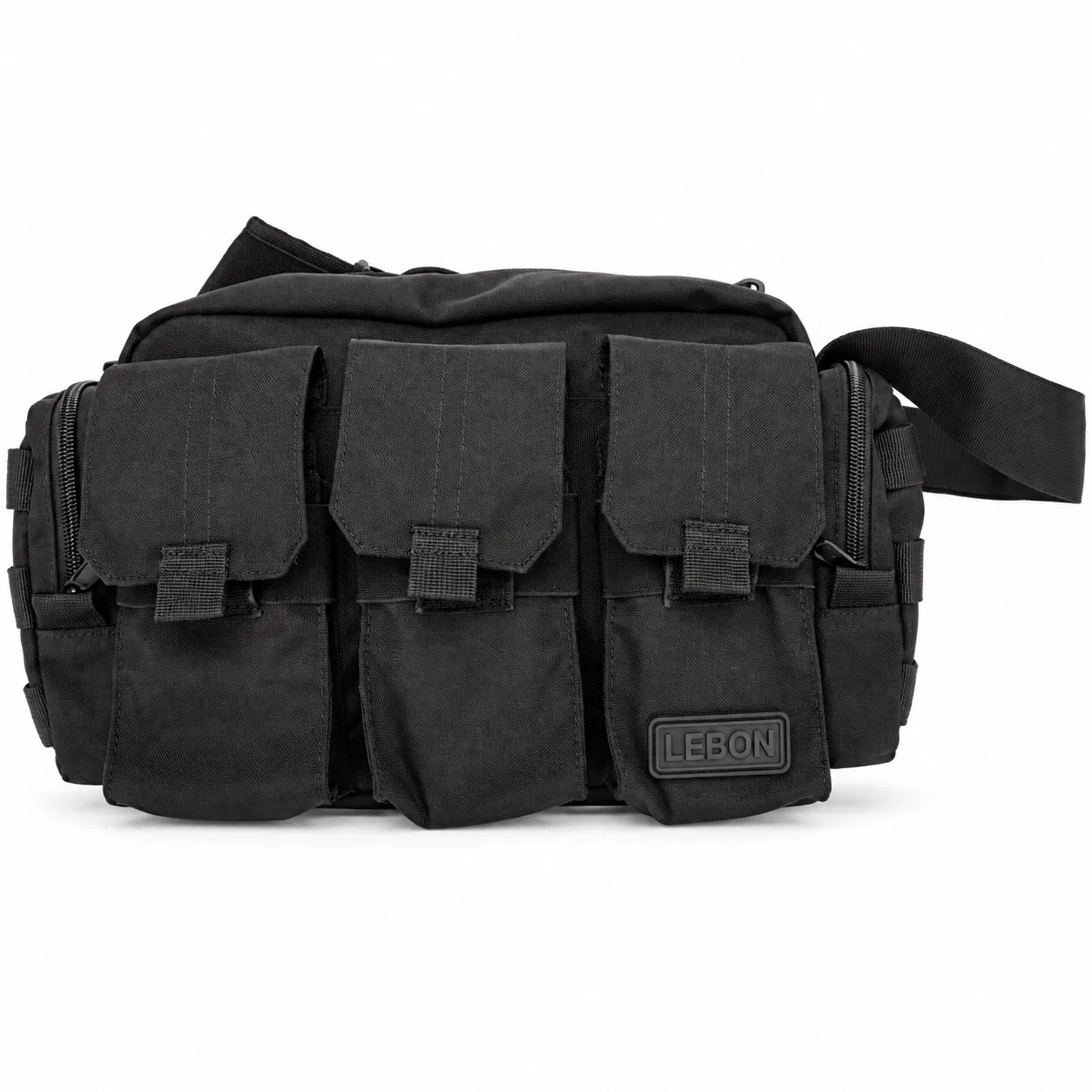 Lebon Black Utility Waist Bag with Flap Pockets and Padded Strap