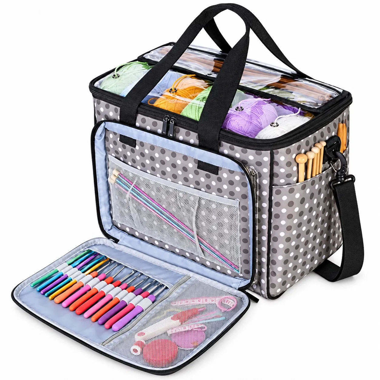 Custom Polka DOT Yarn Storage Tote Bag with Knitting Tool Organizer