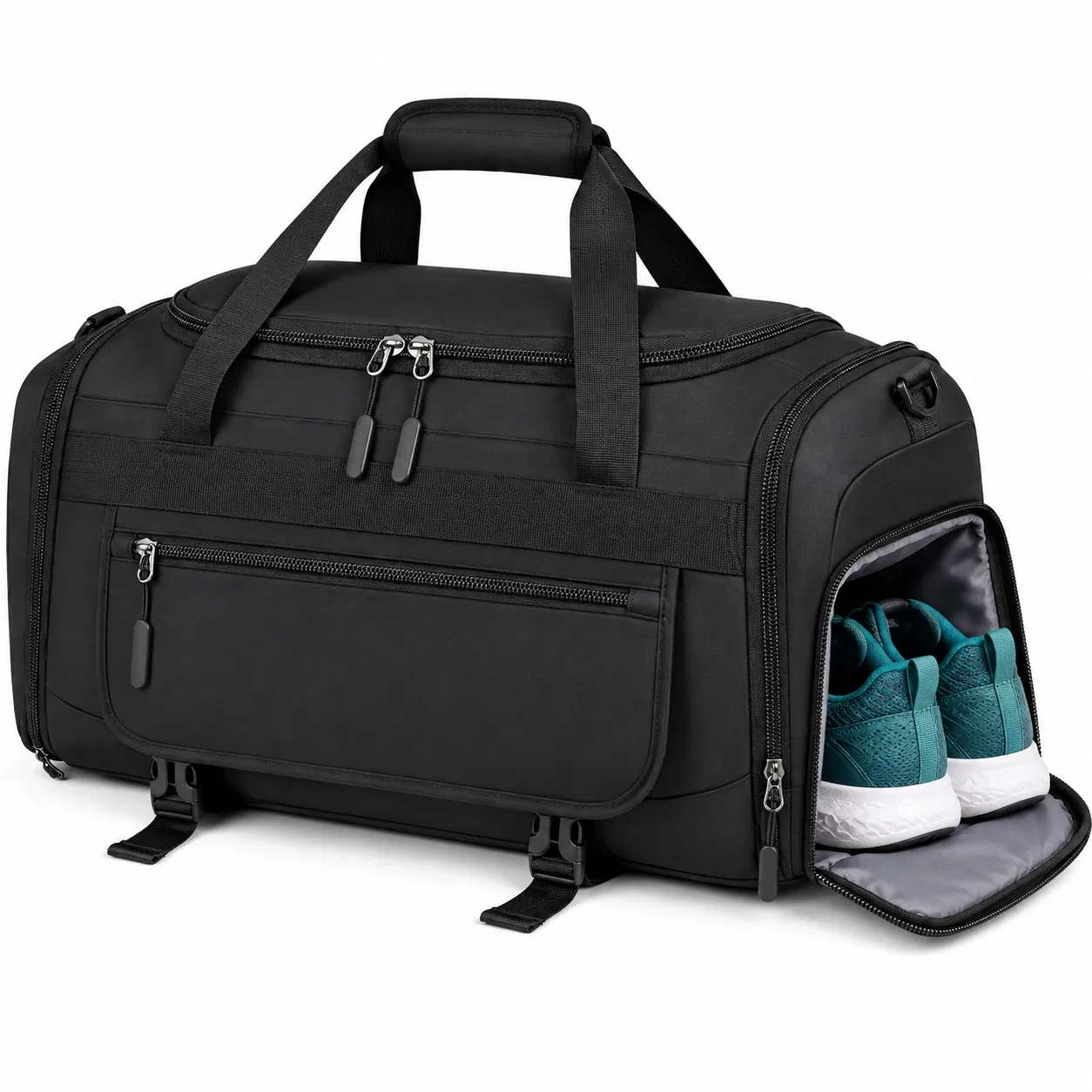 Black Nylon Gym Bag with Side Shoe Compartment and Rear Luggage Sleeve