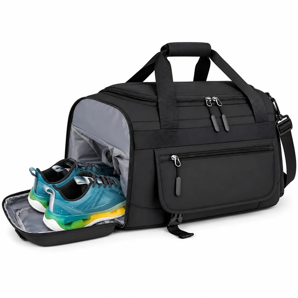 Nylon Overnight Travel Duffel Bag with Separate Shoe Pocket and Shoulder Strap