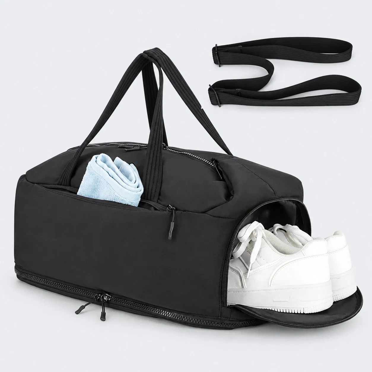 Nylon Overnight Travel Duffel Bag with Separate Shoe Pocket and Shoulder Strap