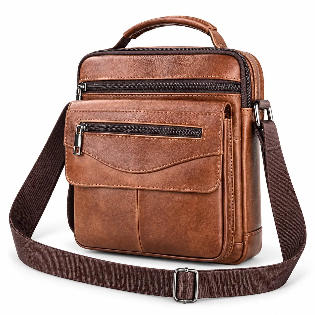 Men PU Leather Crossbody Messenger Shoulder Bag with Adjustable Strap and Zipper
